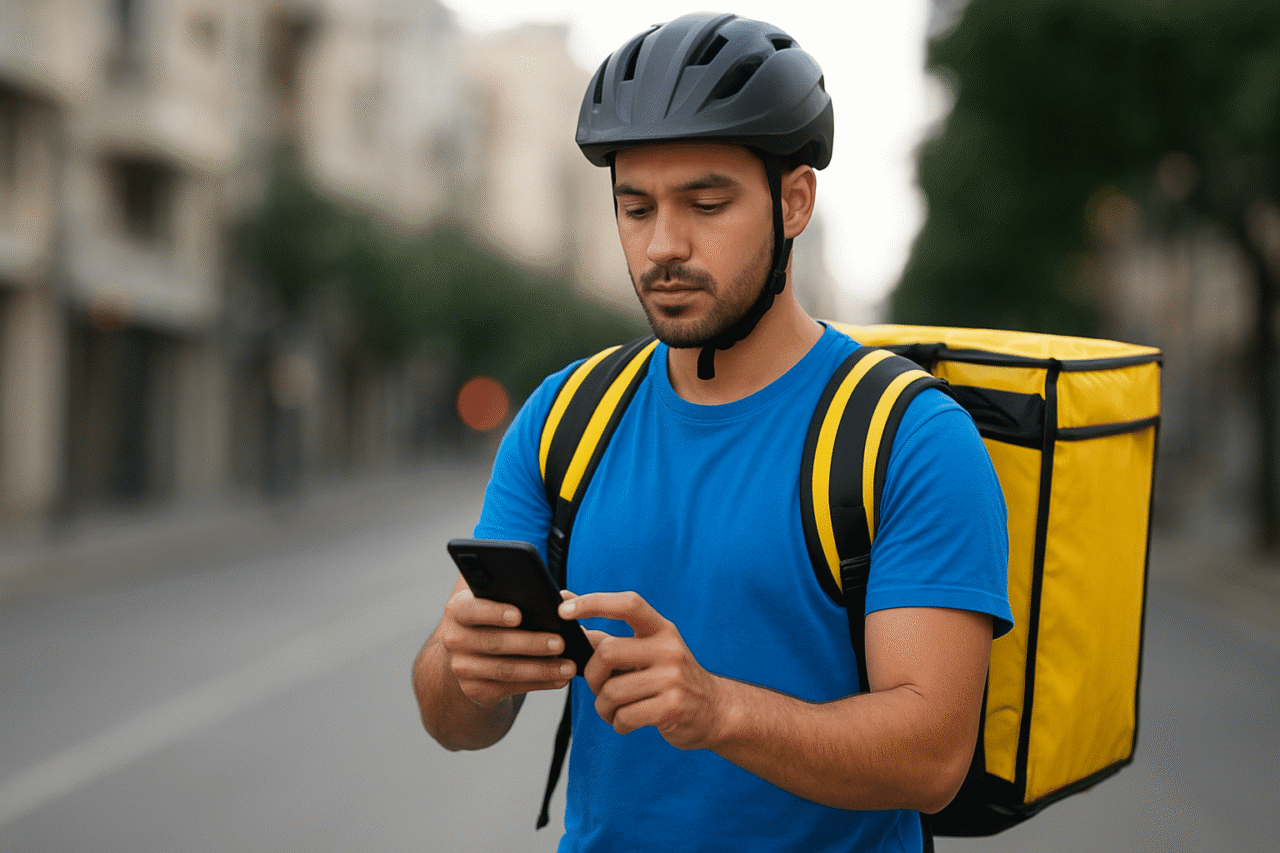 Trabalhador de aplicativo usando celular, símbolo do trabalho digital nas cidades.